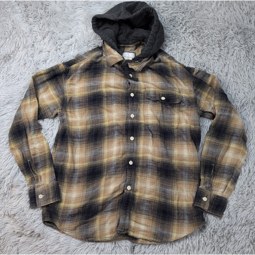 American Eagle Shirt Mens M Plaid Hoodie Flannel Super Soft Chore Button Up